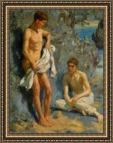 Bath Pastels Framed Paintings - After The Bath by Henry Scott Tuke