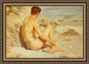 The Drummer Boy's Dream Framed Paintings - Boy on a Beach by Henry Scott Tuke