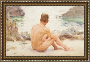 Tuke Framed Paintings - Charlie Seated on the Sand by Henry Scott Tuke