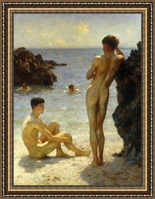 Tuke Framed Paintings - Lovers of the Sun by Henry Scott Tuke