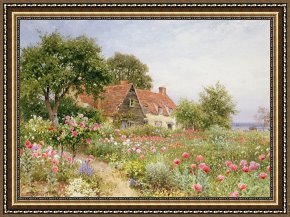 Clocktower Cottage Framed Paintings - A Cottage Garden by Henry Sutton Palmer