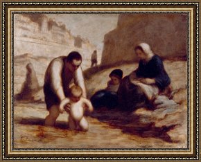 Bath Pastels Framed Paintings - The First Bath by Honore Daumier