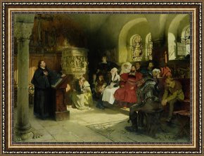 Tower of Babel Bible Illustration Framed Paintings - Luther Preaches using his Bible Translation while Imprisoned at Wartburg by Hugo Vogel