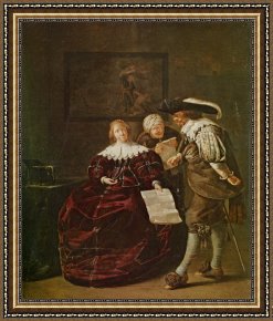 Ducks Framed Paintings - The Contract a Lady Presenting a Letter to a Gentleman And an Old Lady Studying Another in an Interior by Jacob Duck