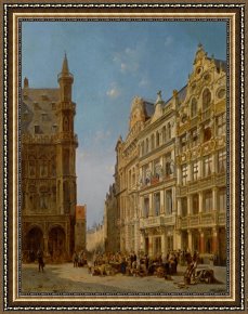 A Place Framed Prints - Many Figures at an Auction on The Grande Place in Brussels by Jacques Carabain