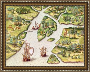 Royal Framed Prints - The French Erect A Column With The Royal Coat Of Arms by Jacques Le Moyne