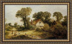 Newburyport Meadows Framed Prints - Childrem by a Country Cottage by James Edwin Meadows