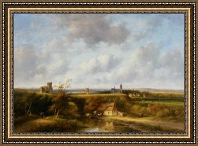 Village Framed Prints - An Extensive Summer Landscape with Peasants by a Farm, a Village in The Distance by Jan Evert Morel