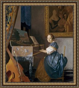 Young Framed Prints - A Young Lady Seated at a Virginal by Jan Vermeer