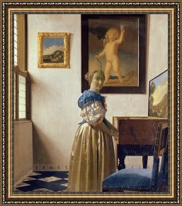 Lady Framed Prints - Lady standing at the Virginal by Jan Vermeer