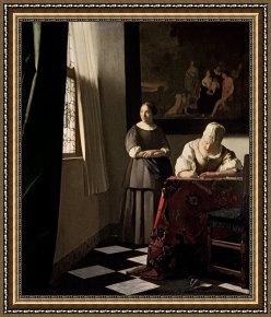 Lady Framed Prints - Lady writing a letter with her Maid by Jan Vermeer