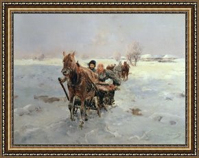 Four Boars in a Landscape Framed Paintings - Sleighs in a Winter Landscape by Janina Konarsky