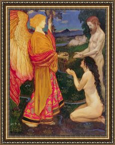 The Garden of Eden Framed Paintings - The Angel offering the fruits of the Garden of Eden to Adam and Eve by JBL Shaw