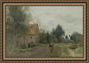 Village Framed Prints - Village Street in the Morning by Jean Baptiste Camille Corot