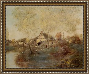 Ducks Framed Paintings - Feeding The Ducks Along The Canal by Jean Francois Raffaelli