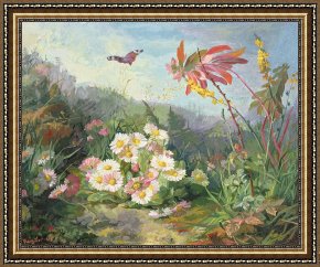 Wild Boar Framed Prints - Wild Flowers And Butterfly by Jean Marie Reignier