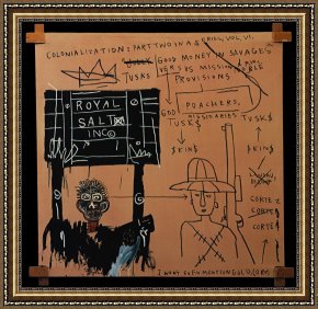 Tower of Babel Bible Illustration Framed Paintings - Native Carrying Some Guns Bibles Amorites on Safari by Jean-michel Basquiat