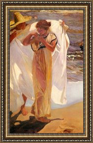 Bath Pastels Framed Paintings - Leaving The Bath by Joaquin Sorolla y Bastida