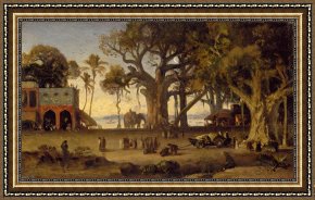 Scene Framed Prints - Moonlit Scene of Indian Figures and Elephants among Banyan Trees by Johann Zoffany