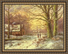 Village Framed Prints - Figures on a path before a village in winter by Johannes Hermann Barend Koekkoek