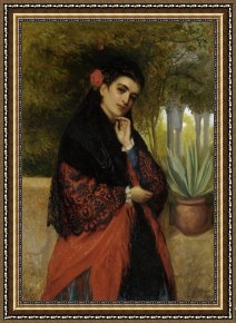 Beauty Framed Paintings - Spanish Beauty in a Lace Shawl by John-Bagnold Burgess