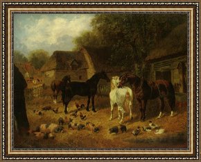 Ducks Framed Paintings - Horses Pigs And Ducks Outside a Stable by John Frederick Herring Jnr