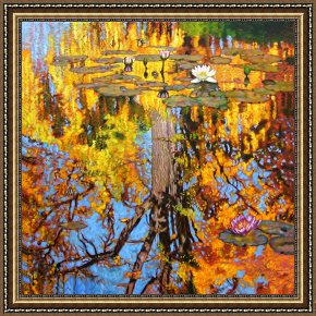 Reflections of Portofino Framed Prints - Golden Reflections on Lily Pond by John Lautermilch