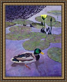 Ducks Framed Paintings - Mallard Duck in Lily Pond by John Lautermilch