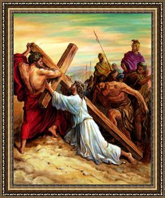 John Framed Prints - Simon Helping Jesus by John Lautermilch