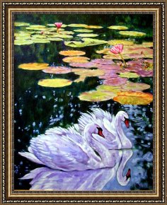 Cubist Lilies Framed Prints - Two Swans in the Lilies by John Lautermilch