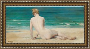 Seated Nude Framed Paintings - Nude Seated On The Shore by John Reinhard Weguelin