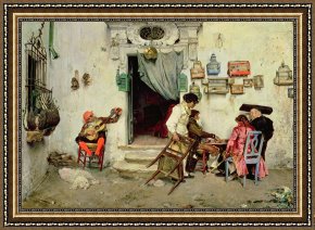 Exterior Framed Paintings - Figaro's Shop by Jose Jimenes Aranda