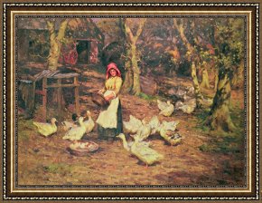 Ducks Framed Paintings - Feeding the Ducks by Joseph Harold Swanwick