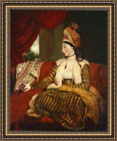 Mr And Mrs a Mosselman And Their Two Daughters Framed Paintings - Portrait of Mrs. Baldwin, Full Length, Seated on a Red Divan by Joshua Reynolds