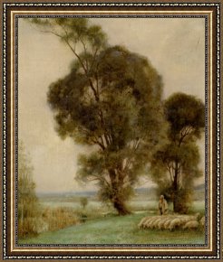 Misty Framed Prints - A Sheperdess And Her Sheep in a Misty Landscape by Jules Alexis Muenier