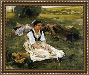 Oil Framed Prints - Oil Study for Les Foins by Jules Bastien Lepage