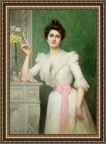 Jules Framed Prints - Portrait of a lady holding a fan by Jules-Charles Aviat