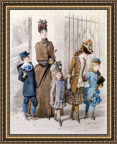 Jules Framed Prints - Mother and children in walking dress by Jules David