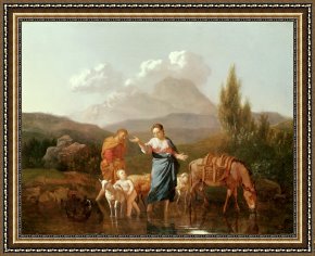 Disputation of The Holy Sacrament (la Disputa) [detail 10a] Framed Prints - Holy family at a stream by Karel Dujardin