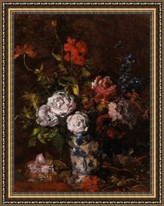 Floral Framed Prints - Floral Still Life in a Blue And White Porcelain Vase by Karl Pierre Daubigny