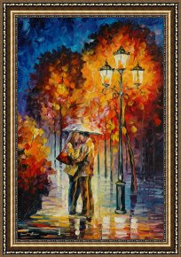 Leonid Afremov Framed Paintings - Kiss Under The Rain by Leonid Afremov