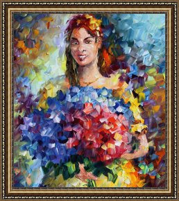 Leonid Afremov Framed Paintings - Lady With Flowers - Commissioned Painting by Leonid Afremov