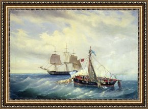 The Battle of Bannockburn Framed Paintings - Battle between the Russian ship Opyt and a British frigate off the coast of Nargen Island by Leonid Demyanovich Blinov
