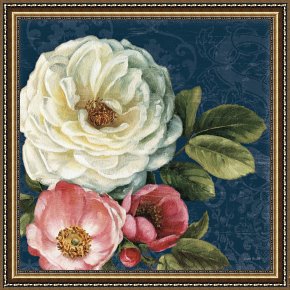 Floral Framed Prints - Floral Damask II on Indigo by Lisa Audit