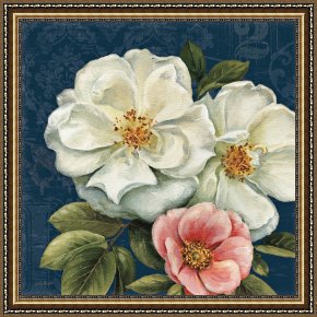 Floral Framed Prints - Floral Damask III on Indigo by Lisa Audit