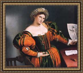 Lorenzo Framed Prints - Portrait of a Lady with a Picture of The Suicide of Lucretia by Lorenzo Lotto
