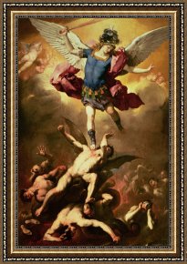 Meadow Angels - White Poppies Framed Prints - Archangel Michael overthrows the rebel angel by Luca Giordano