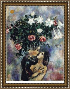 Cubist Lilies Framed Prints - Lovers Under Lilies 1925 by Marc Chagall
