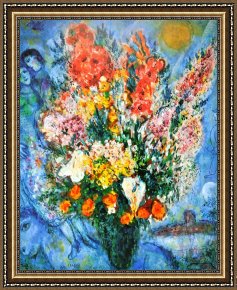 Flowers in a Blue Vase Framed Prints - Vase of Flowers Le Bouquet 1958 by Marc Chagall