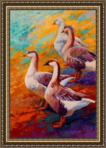 Rose Bed And Geese Framed Prints - A Gaggle Of Four - Geese by Marion Rose